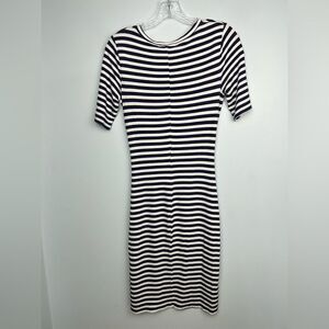 Three Dots Women's Nantucket Dress Navy White Stripe Body-con Twist Waist Sz S